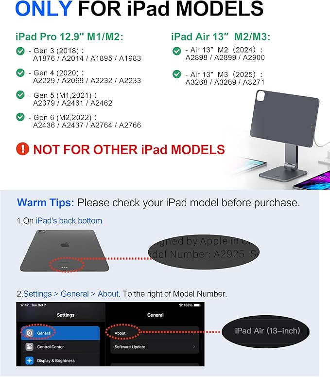 Magnetic iPad Stand with Wireless Charging, 18W Fast Charger, Suction Cup Base, 360° Rotating Panel & Foldable, ONLY for iPad Pro12.9” (M2/M1/4th/3rd) & Air13” (M3/M2), Work/Study Desk - Gray