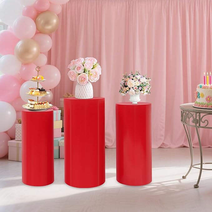 Eapmic Pedestal Stands for Party, Cake Pedestal Stand, Dessert Table Display Plinth Pillars, Sculpture Display Column Decoration Cube for Wedding Birthday (Red, Cylinder-3Pcs(27.56"+26"+23.62"))