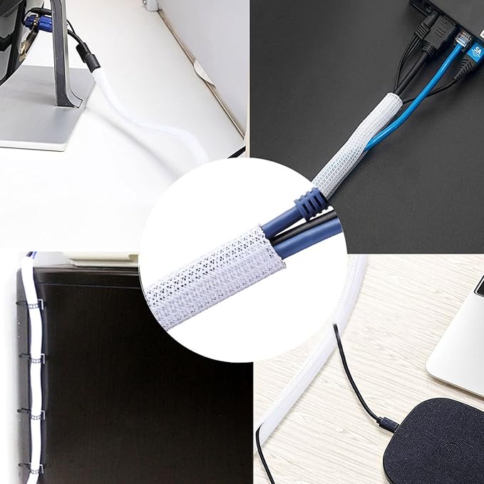 25ft 1 Inch White Cable Sleeve – Split Wire Loom Tubing Cord Protector – Flame Retardant Polyester Cable Cover for Desk, TV, PC Setup – Protects Cords from Pets & Organizes Wires