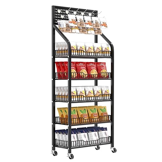 5 Tier Snack Rack Display Stand, Metal Retail Display Rack with Wheels and 15 Hooks, Snack Cart Organizer for Supermarkets Convenience Stores Home Kitchens