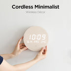 mooas Wood Moon Cordless Mini Digital LED Wall Clock, Date, Temperature, Auto Brightness, Digital Wireless Wall Clock Modern Minimalist Décor for Office Livingroom Bedroom, Wall Mount/Wooden Stand
