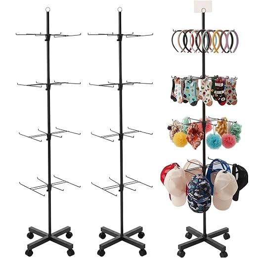 Ripeng 2 Pcs 4‑Tier Retail Display Stand – Rotating Display Rack with Wheels for Jewelry Keychains Socks Hats – Adjustable Movable Shop Spinner for Craft Shows Vendor Events & Stores Accessories,Black