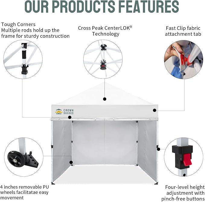 CROWN SHADES 10x10 Pop Up Canopy Tent Instant Commercial 1-Person Setup Patended Centerlock with 400D Fabric, 4 Sidewalls, 4" Wheels, 4 Upgraded Weights, Sto'N Go Bag, White
