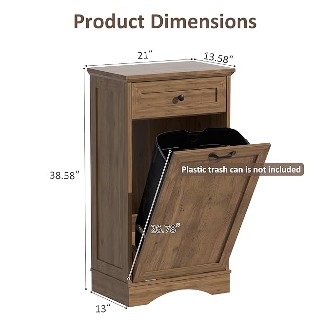 13 Gallons Tilt Out Trash Cabinet Freestanding Kitchen Trash Bin Cabinet Wood Garbage Recycling Cabinet with Hideaway Drawer Pet Proof Trash Can Holder for Kitchen Living Room, Dark Wood
