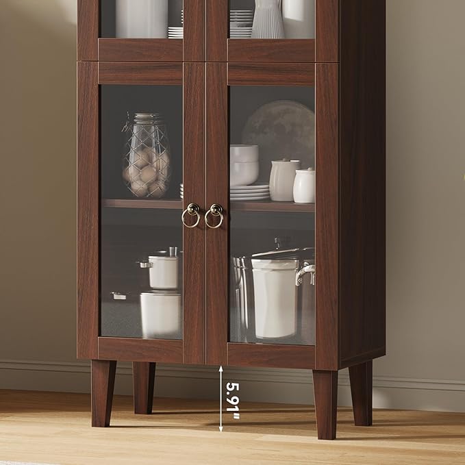 71” Tall Arched Pantry Cabinet with Glass Door, Display Cabinet Organizer, Versatile Pantry with Top-Opening Storage Container for Living, Kitchen Dining Room, Brown