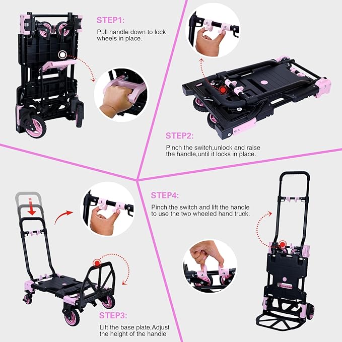 2 in 1 Folding Hand Truck,330LB Folding Dolly Cart with Wheels,Hand Truck Foldable with Telescoping Handle,Collapsible Portable Dolly with 2 Elastic Ropes for Moving(Pink)