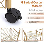 3 Tier Mesh Rolling Utility Cart, Gold Metal Organization Cart with Lockable Wheels, Multifunctional Storage Trolley Service Cart for Kitchen Living Room Office Salon