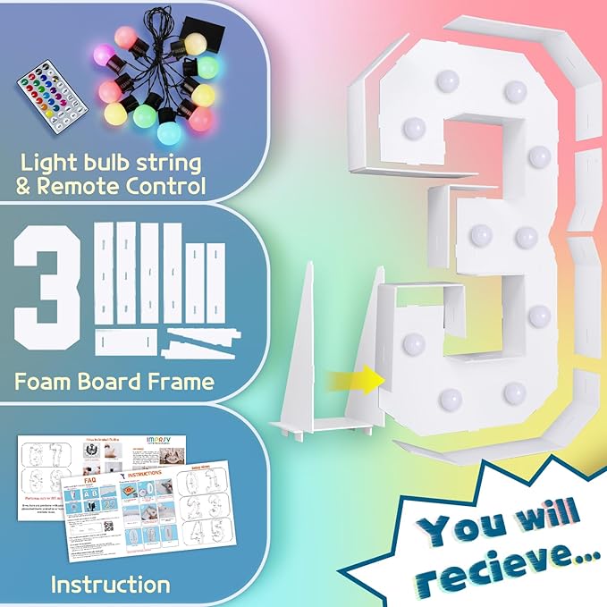 imprsv 4FT Colorful Marquee Numbers,18 Colors with Remote, Light Up Numbers 3 for 3rd 30th Birthday Decorations Anniversary Party Decor, Pre-Cut Foam Board Kit, Mosaic Sign for Balloon