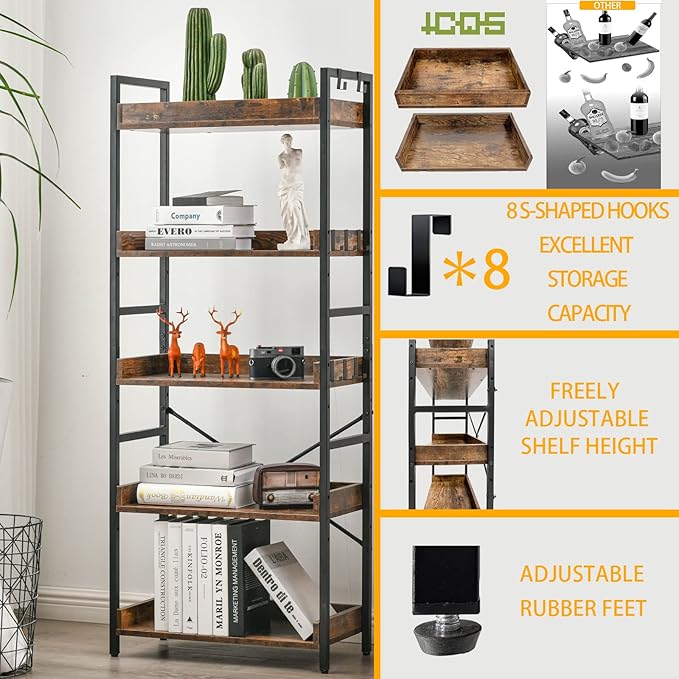 HCHQHS Adjustable 5 Tier Open Bookcase, Rustic Farmhouse Book Shelves, Industrial Wood and Black Metal Bookshelves, Mid Century Bookcase for Home Office Living Room Bedroom
