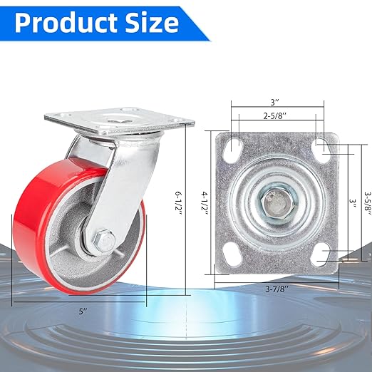 Nefish 5 Inch Industrial Grade Casters Wheels, 2 Pack Heavy Duty Swivel Casters, No Noise Polyurethane Wheel on Steel Hub, 1000 Lbs Load Capacity Per Swivel Casters for Machine, Equipment
