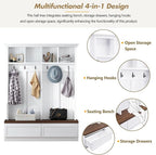 Merax Wood Hall Tree Entryway Bench with 6 Hooks, Farmhouse Mudroom Versatile Coat Racks with 2 Large Drawers Entrance Organizer for Hallway White