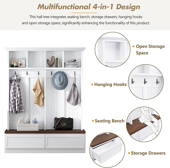 Merax Wood Hall Tree Entryway Bench with 6 Hooks, Farmhouse Mudroom Versatile Coat Racks with 2 Large Drawers Entrance Organizer for Hallway White