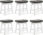 Counter Height Bar Stools Set of 6 for Kitchen Counter Farmhouse Modern Barstools with Faux Leather Upholstered Backless Seat and Solid Wood Legs 24 inch Bar Chairs, Grey + White