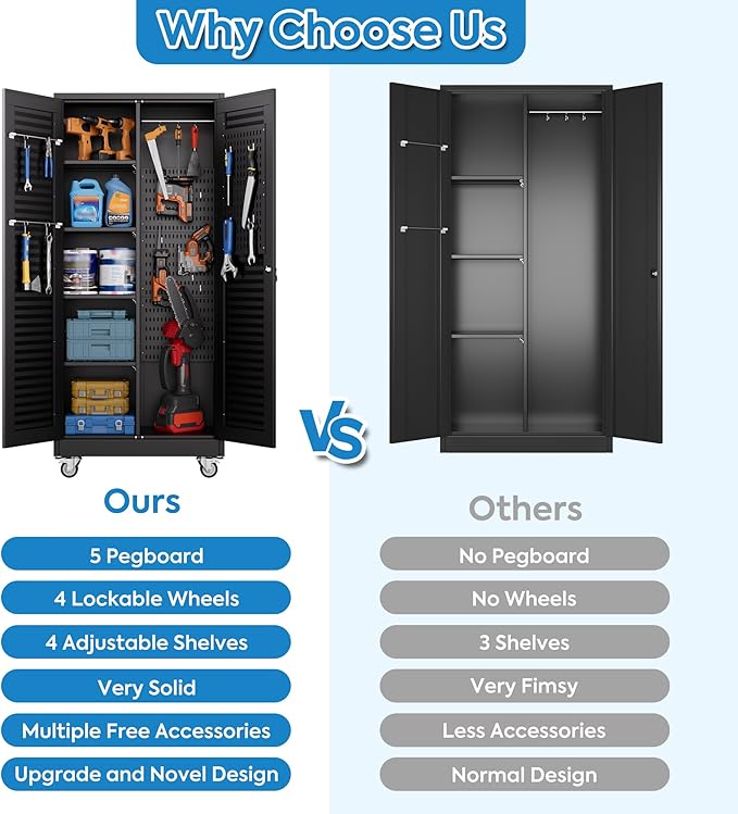 Aobabo Broom Closet Storage Cabinet,Lockable Garage Storage Cabinet with 4 Adjuatable Shelves,Required Assembly,Black,70.87''H*31.5''W*15.75''D