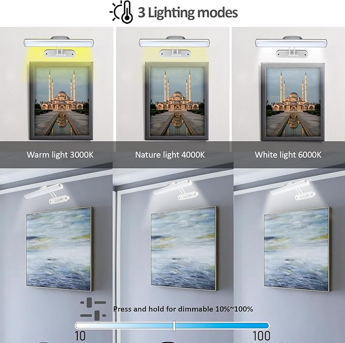 MIOBLUE Wireless Picture Light with Remote, Rechargeable Battery Art Display Light with Remote Control, Dimmable/Timer Off Painting Light, 3 Lighting Modes Full Metal Dartboard Lights (Silver-1Pack)