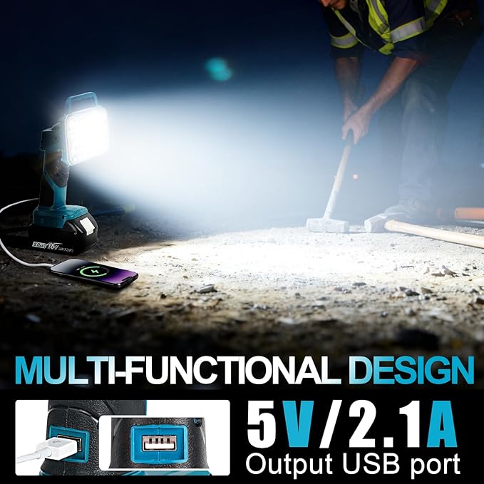 Cordless LED Work Light for Makita 18V Battery, 2000LM Portable Handheld Flashlights Tool with USB Port and 3 Brightness Modes for Camping, Fishing, Job Site, Indoor & Outdoor Use