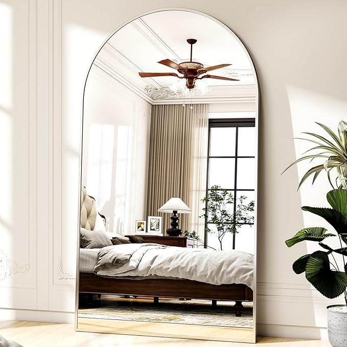 46"x76" Arched Full-Length Mirror, Oversized Floor Mirror with Stand, Freestanding or Wall-Mounted Full Body Mirror for Living Room, Bedroom, or Cloakroom, Silver