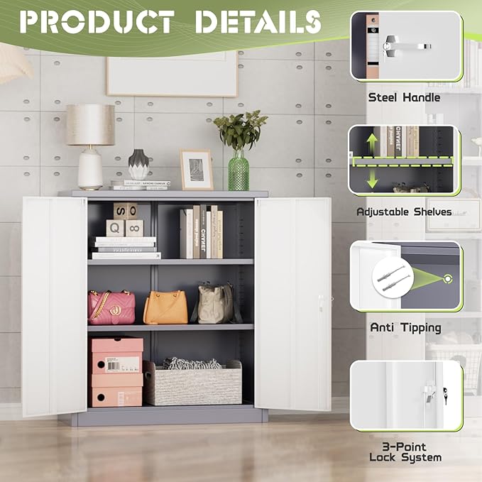 Incbruce 36” Metal Storage Cabinet, Locking Steel Storage Cabinet with 2 Doors and 2 Adjustable Shelves, Small Lockable Tool Storages Cabinet for Garage, Home, Office (Grey White)