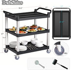 Utility Cart with Tangle-Free Wheels, 3 Tier Rolling Cart with Wheels(2 with Brakes), Heavy Duty 350 Lbs Capacity,Commercial Serving Cart for Home, Office, Restaurant, Warehouse.