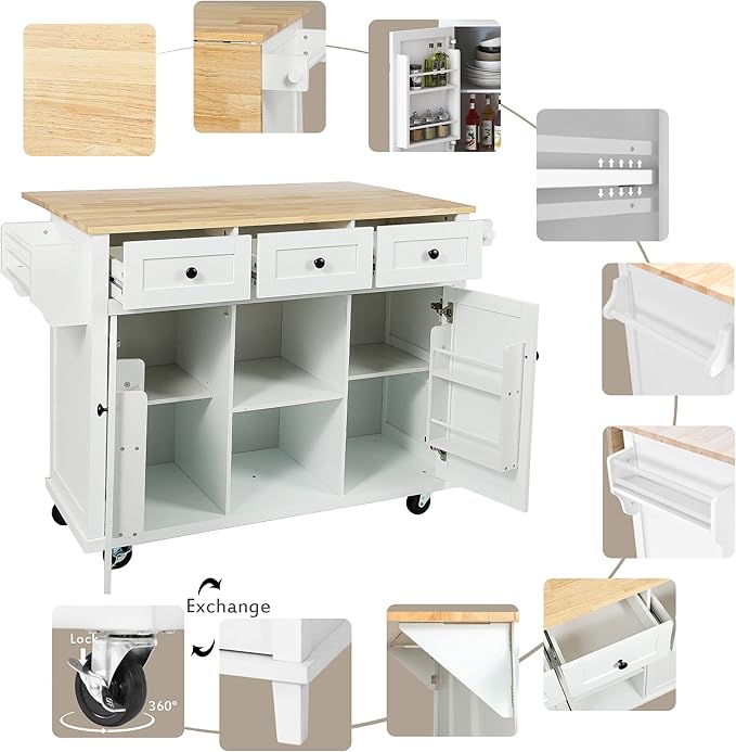 Yayzy Rolling Kitchen Island with 2 Bar Stools, Drop Leaf, Cabinet Door Storage Racks & 3 Drawers, Mobile Kitchen Cart with Rubberwood Top & Locking Wheels for Dining Room & Kitchen, 53-Inch, White