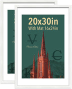VCK 20x30 Poster Frame White - with Mat 16x24, Exclusive Textured Solid Wood Picture Frame Horizontal and Vertical Formats with Included Hanging Hardware, 2 Pack