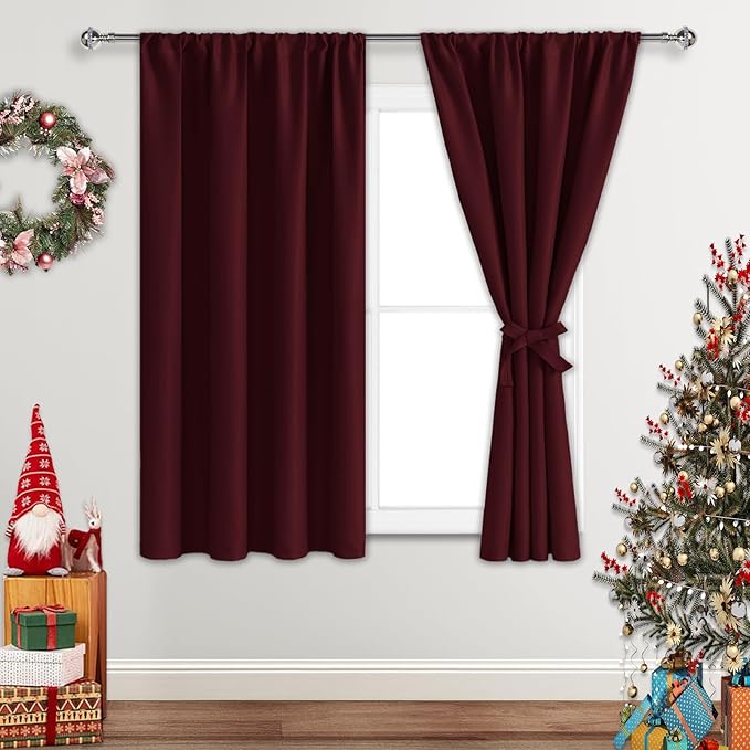 JIUZHEN Christmas Blackout Curtains for Bedroom - Thermal Insulated Room Darkening Rod Pocket Short Curtains for Living Room, Set of 2 Panels with Tiebacks, 38 x 45 Inch Length, Burgundy