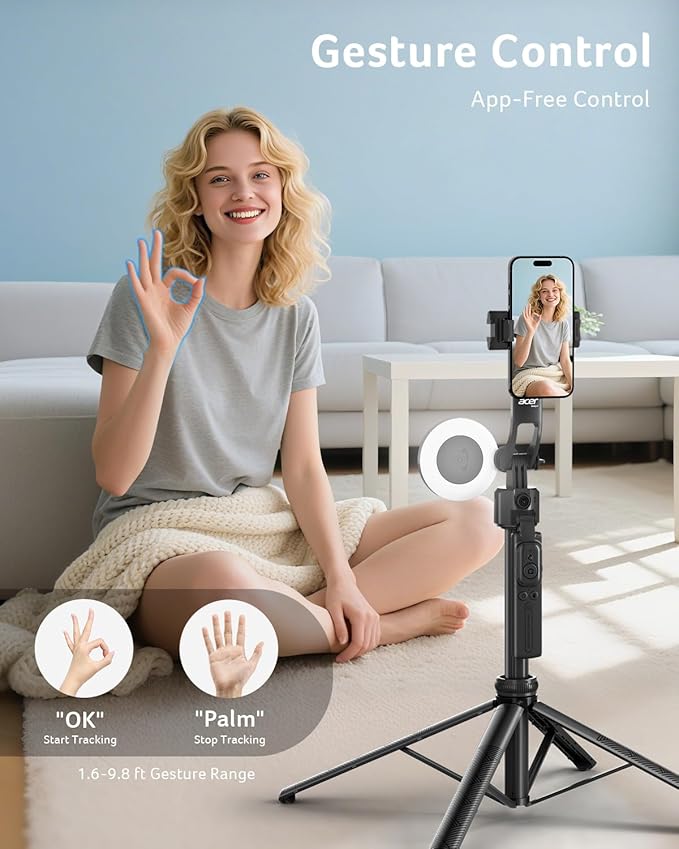 acer Auto Face Tracking Tripod for iPhone/Cell Phone/Android/Camera with Light and Remote, 64", No App, 360°Rotating Tripod Selfie Stick for Tiktok YouTube Vlog Live Streaming Video Recording