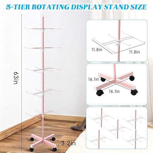 Ripeng 1 Pcs 5‑Tier Retail Display Stand – Rotating Display Rack with Wheels for Jewelry Keychains Socks Hats – Adjustable Movable Shop Spinner for Craft Shows Vendor Events & Stores Accessories, Pink