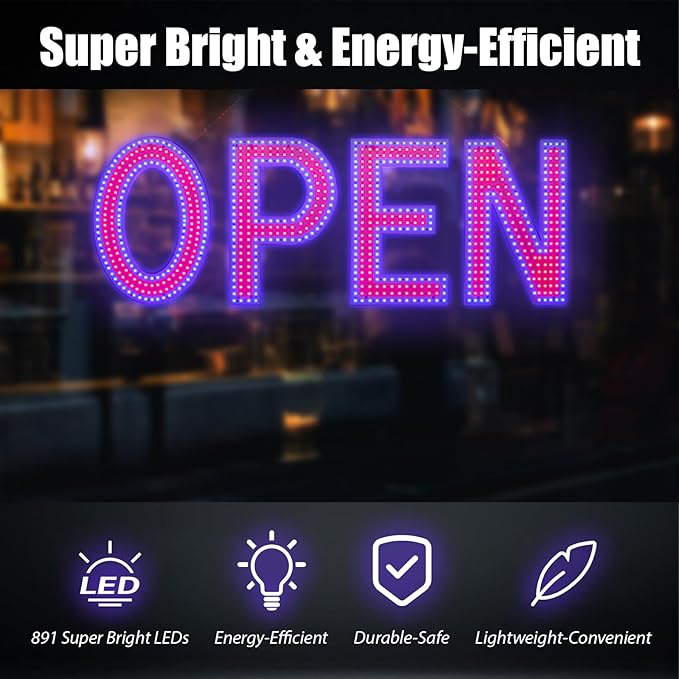 Open Sign for Business, 40"x14" Dimmable Large LED Open Signs with Hanging Installation for Bar Pubs Store Restaurant Office Hotel Salon Red & Blue