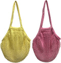 2Pcs Portable Reusable Mesh Cotton Net String Bag Organizer Shopping Tote Handbag Fruit Storage Shopper NEW (beige02 orange02)