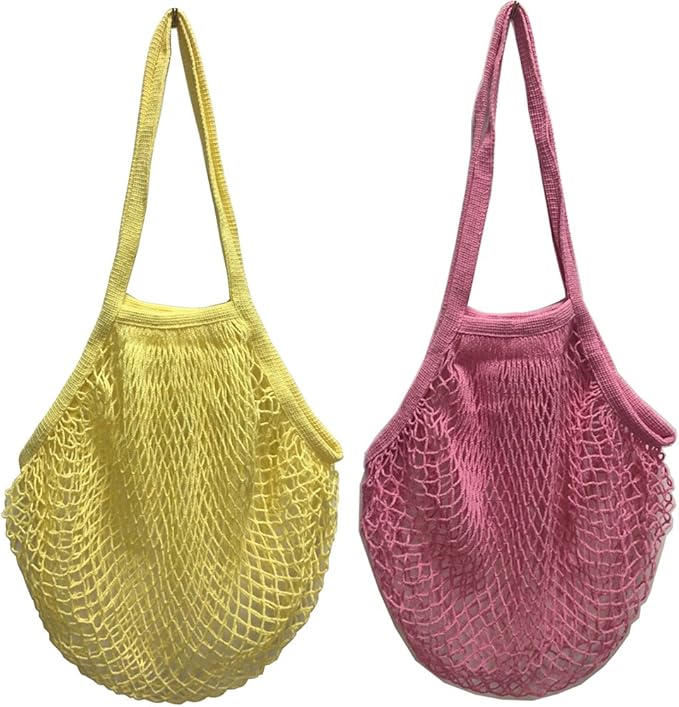 2Pcs Portable Reusable Mesh Cotton Net String Bag Organizer Shopping Tote Handbag Fruit Storage Shopper NEW (beige02 orange02)