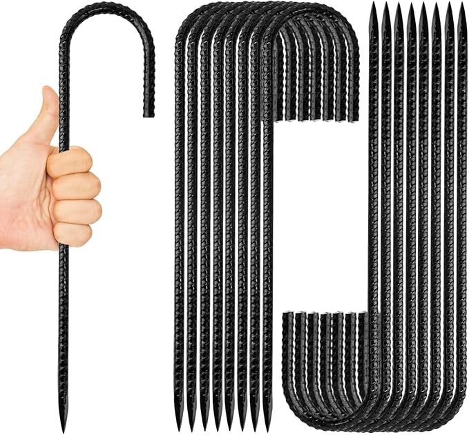 Anothera 16 Pack Trampoline Stakes Anchors High Wind, 12 Inches Tent Stakes Heavy Duty, Galvanized Steel Ground Stakes Kit, J Shaped Rebar Stakes for Trampoline, Tents, Fence