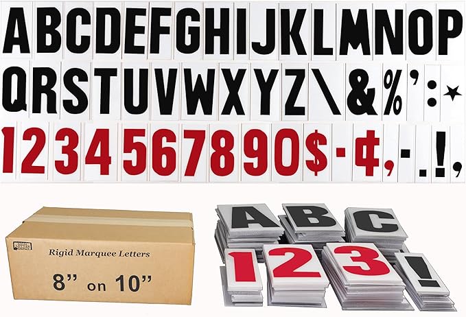 8” on 10 inch Marquee Sign Letters for Outdoor Signs, the 8" Letter printed on 10" high .060 mill thick Rigid acrylic panel, for Reader Boards Signs, Black Letters, Red Numbers, Sign Letter Depot
