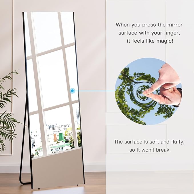 brisafe Full Length Mirror with Stand, 65"x22" Super Lightweight Glassless Home Full Floor Mirror, Oversized 0.04mm Nano-Film Gym Mirror, Black