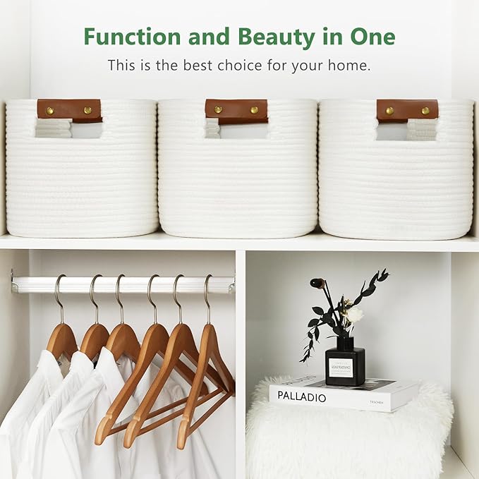 Cotton Rope Basket, Storage Baskets with Handle, 15x10x9 Inch Woven Basket for Shelves, Laundry, Towels, Clothes, Books (White 2Pack)