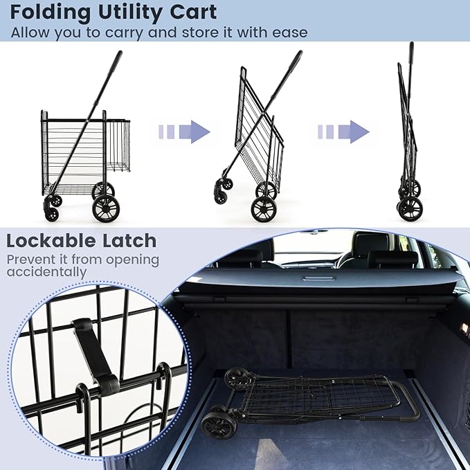 Goplus Folding Shopping Utility Cart, Double Basket and 360° Swivel Wheels, Adjustable Handle, Small Cart Perfect for Grocery Laundry Book Luggage Travel