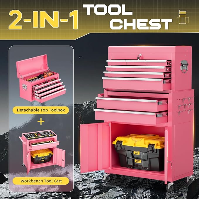 8-Drawer Rolling Tool Chest with Lock, Detachable Tool Cabinet Cart with Wheels, High-Capacity Mechanic Tool Organizer for Garage Workshop Warehouse Storage(Pink)