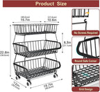 Miyawell 3-Tier Rolling Pantry Cart with Wheels, Stackable Wire Storage Floor Organizer for Kitchen Pantry Snack Shelves, Fruit Basket Stand, Vegetable Storage Rack for Food Snacks Onion Potato