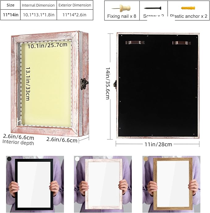TJ.MOREE Flowers Shadow Box Display Case 11 x 14 Large Shadow Box Frame with Glass Window Door Deep Depth Picture Frame Wedding Bouquet Memorabilia Medals Photos Memory Box for Keepsakes - White Pink