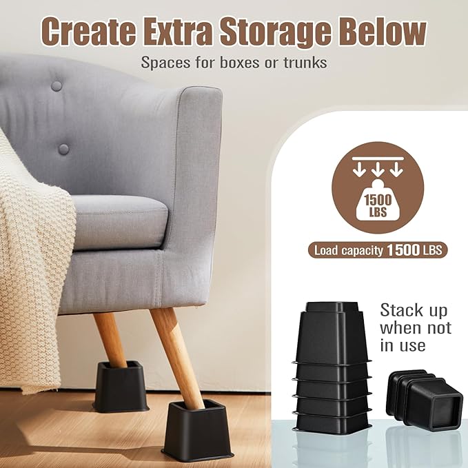 Bed Riser/Furniture Lift Bed/Bed risers/Furniture Lifter/Table risers/Frame Risers Create Under Bed Storage Heavy Duty for Furniture Height Adjustment (Black 8 Pack, 8 Inch)