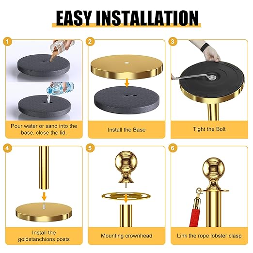 kaiyomi 6Pcs Stanchions with Red Velvet Ropes Set, 5 Feet Velvet Ropes and Posts Poles for Red Carpet Party Decoration and 360° Photo Booth (Golden)