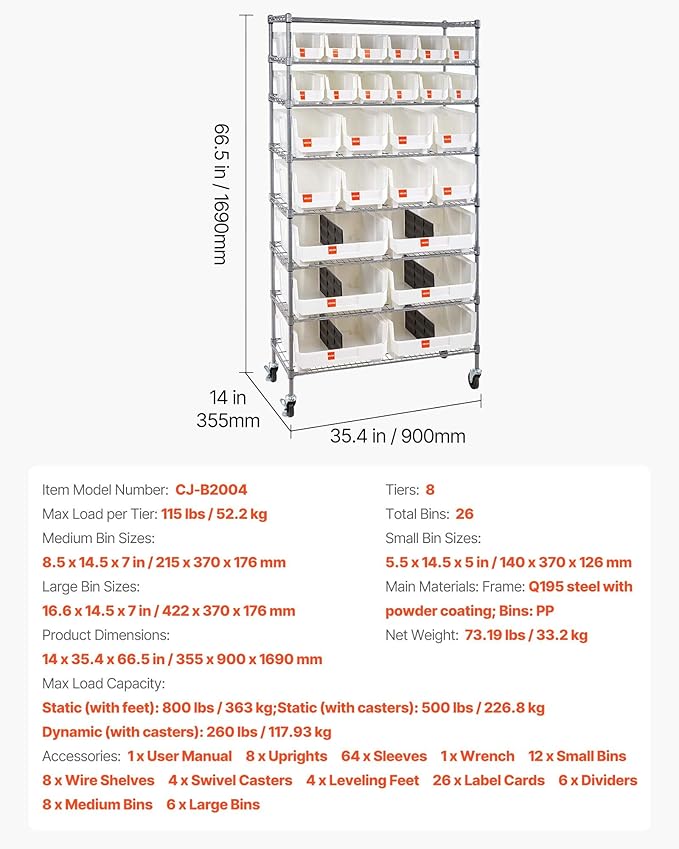 VEVOR 8-Tier Rolling Bin Storage Rack, 26 Organizer Bins, Bin Rack Storage Steel Wire Shelving System with Wheels, Mobile Tool Organizer for Garage, Warehouse, Office, Restaurant, Classroom, Kitchen
