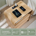 25" Tall Modern Nightstand with Charging Station, 23.6'' Wide Wood Bedside Table w/2 Storage Drawers, Large Mid Century End Table for Bedroom, Living Room, Curved Profile Design,Natural Oak