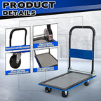 Blue Folding Platform Hand Truck 330 lbs Capacity, Heavy Duty Flatbed Dolly with 360° Swivel Silent Wheels, Foldable Steel Push Cart for Warehouse, Office, and Home Storage