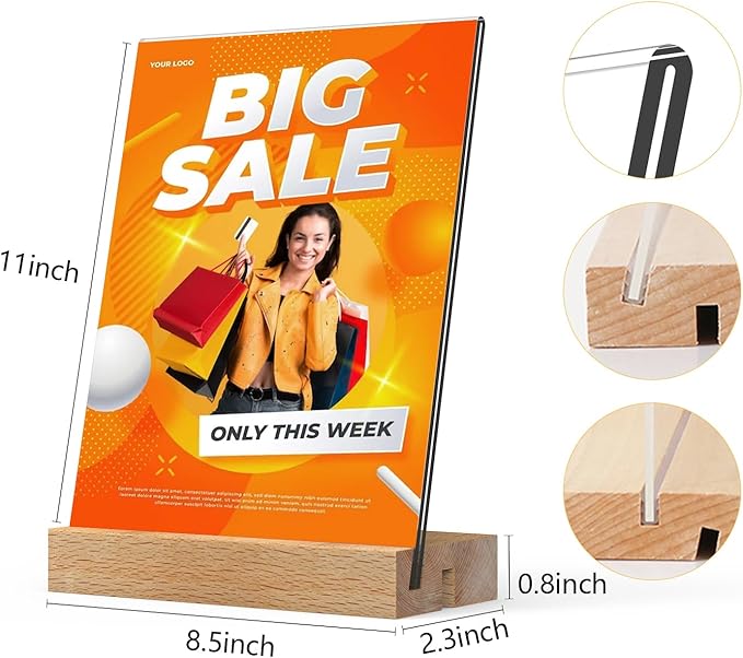 TONICE 8.5 x 11 Acrylic Sign Holder with Wood Base 3 Pack L/T Shape Vertical or Slant Back Display for Wedding, Restaurant, Store, Office, Hotel