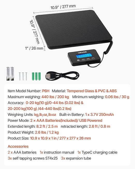 VEVOR Digital Postal Scale, 0.35 oz/3.5 oz Dual Accuracy, 440 lbs Commercial Weight Scale with Hold/Tare Function & LCD Display, Fit for Packages, Postage, Luggage, Battery & Charging Cable Included