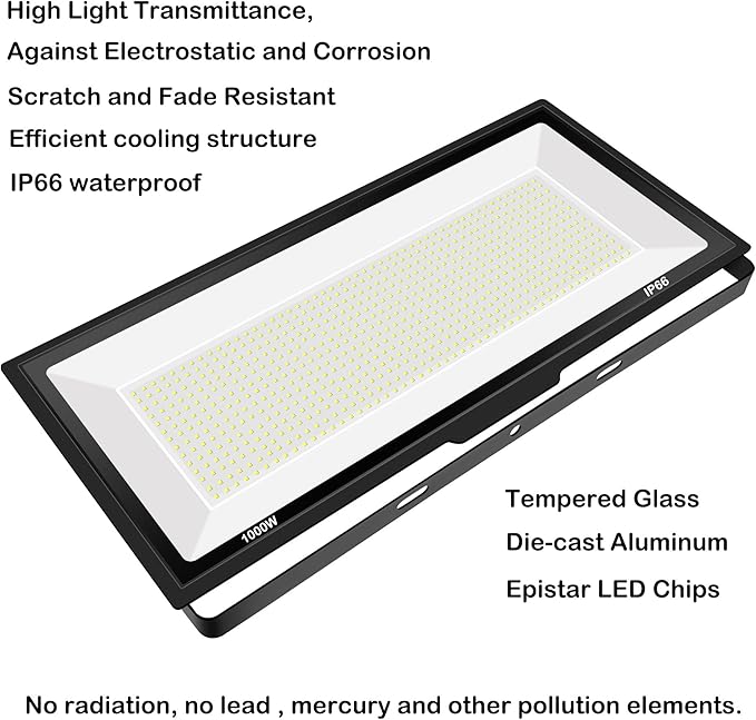 1000W LED Flood Lights,4200 watt Equivalent 98000LM Super Bright Outdoor LED Arena Lights 85-265V IP66 Waterproof 6000K Daylight Commercial Lighting for Stadium, Backyard, Parking Lots etc