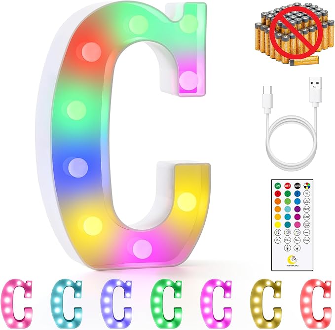 mooncow Rechargeable Light Up Letters,Colorful Marquee Letters with Remote,Gift Wrap Gifts,Bedroom Home Bar Party Decor (C)
