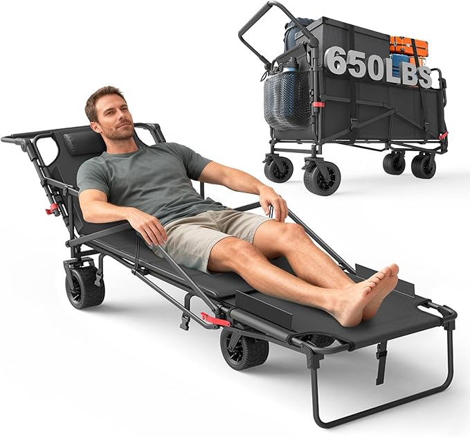 LEVELEVE Heavy Duty Folding Wagon - 2-in-1 Collapsible Cart, 650lb Capacity, All-Terrain Wheels w/Brakes & Side Pockets