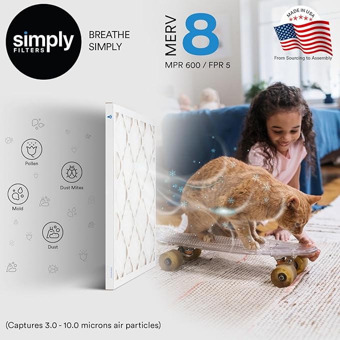 Simply 19x19x1 Air Filter, Merv 8, 6 Pack, For Home AC Furnace & HVAC (Actual Size: 18.75"x18.75"x0.75") DUST, Pet, & Allergy Control